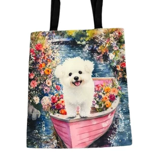 Plátená taška s motívom bišóna v člnku s kvetmi