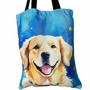Veľká plátená taška so zlatým retríverom na modrom pozadí s hviezdami