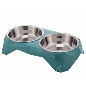 Plastová a nerezová dvojitá miska pre psy a mačky, v tvare diamantu, modrá