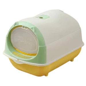 Uzavretá mačacia toaleta so setom – s motívom mačky, bielo-zeleno-žltá