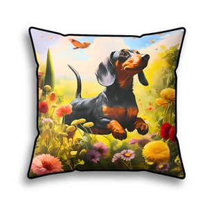 Prémiový dekoratívny vankúš s motívom jazvečíka na kvetinovej lúke, 45 × 45 cm