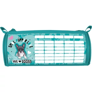 Peračník so vzorom francúzskeho buldoga, valcového tvaru, s rozvrhom