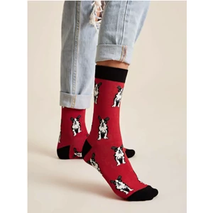 Červené-čierne ponožky s francúzskym buldogom, veľkosť 36-41