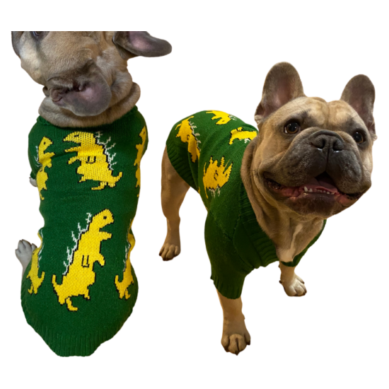 Zelený bavlnený sveter pre psa s potlačou dinosaurov, veľkosť S