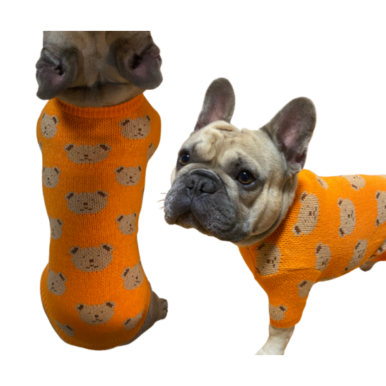 Bavlnený sveter pre psa so vzorom medvedíka, oranžový, veľkosť S