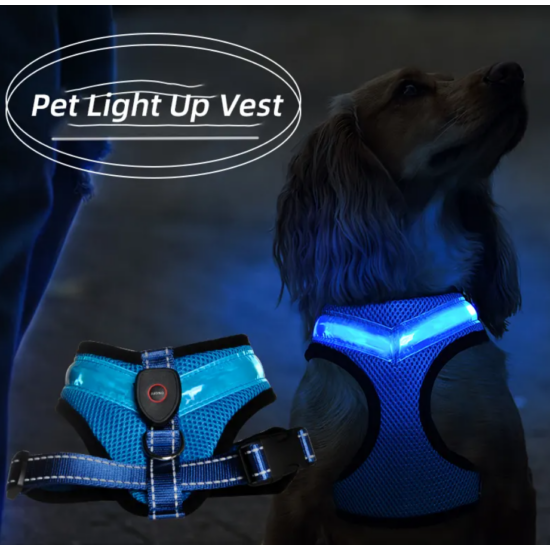 Világító éjszakai LED komfort kutyahám, kék, L