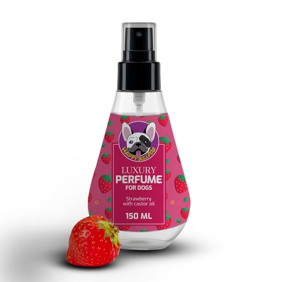 Happy Bulldog STRAWBERRY LUXURY PERFUME – Ošetrujúci, osviežujúci, odstraňujúci zápachový sprej pre psov, 150 ml