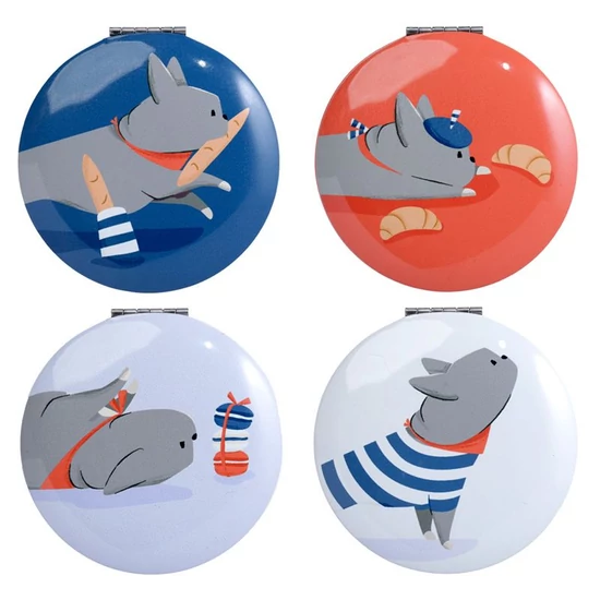 Kompaktné zrkadlo, kovové - Bertrand, francúzsky bulldog, modré