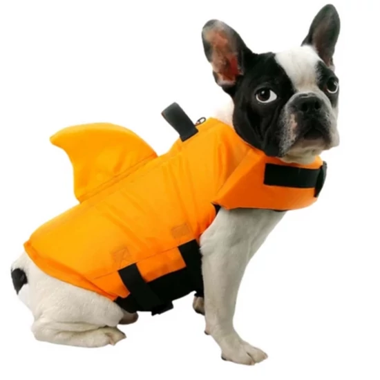 Záchranná plávacia vesta pre psy (Sharky) so žraločími plutvami, M (8-22 kg), oranžová