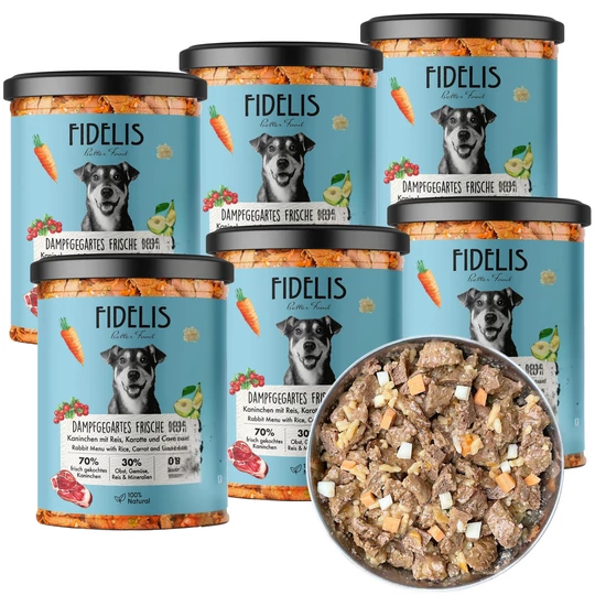 FIDELIS Uvarený Zajac Menü s ryžou, mrkvou a čučoriedkami (v skle), 6 x 400 g