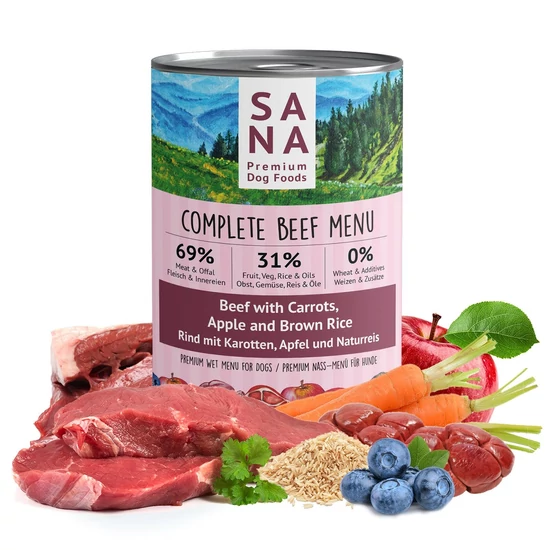 SANADOG Menu z vareným hovädzím mäsom s mrkvou, jablkom a hnedou ryžou, 400 g