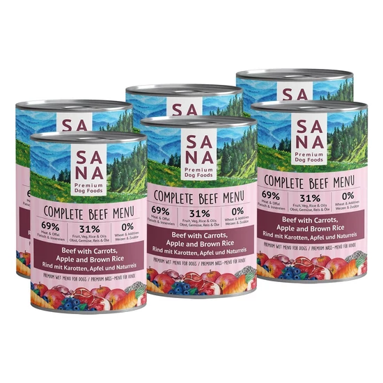 SANADOG Menu z vareným hovädzím mäsom s mrkvou, jablkom a hnedou ryžou, 6 x 400 g