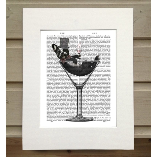 Francúzsky buldog v pohári na martini - knižná tlač, umelecká tlač